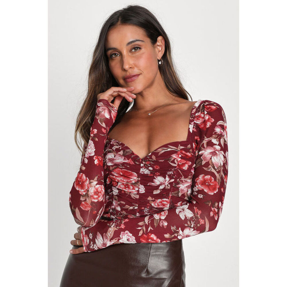 Absolutely Thriving Burgundy Floral Mesh Ruched Bodysuit